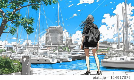 沖縄のヨットハーバーに立つ若い女性