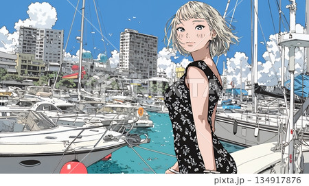 沖縄のヨットハーバーに立つ若い女性