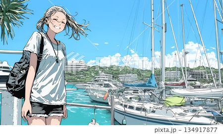 沖縄のヨットハーバーに立つ若い女性