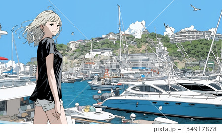 沖縄のヨットハーバーに立つ若い女性