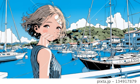 沖縄のヨットハーバーに立つ若い女性