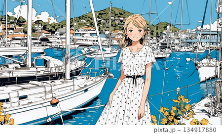 沖縄のヨットハーバーに立つ若い女性