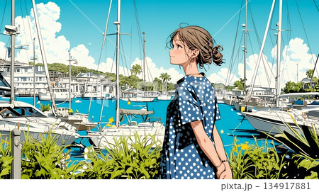 沖縄のヨットハーバーに立つ若い女性