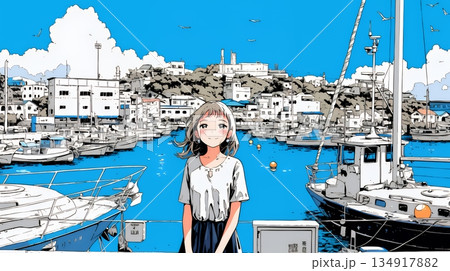沖縄のヨットハーバーに立つ若い女性