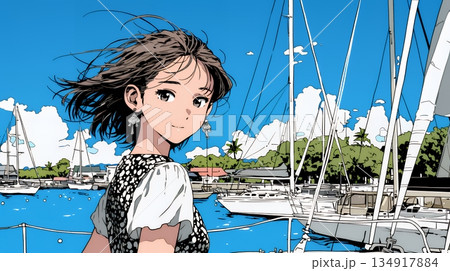 沖縄のヨットハーバーに立つ若い女性