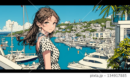 沖縄のヨットハーバーに立つ若い女性