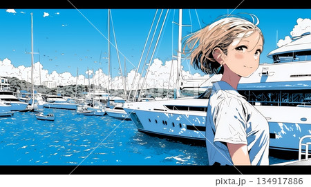 沖縄のヨットハーバーに立つ若い女性