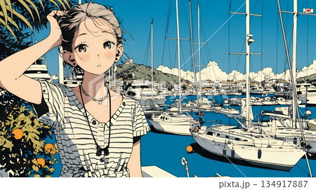 沖縄のヨットハーバーに立つ若い女性