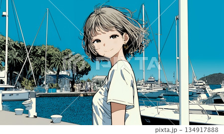 沖縄のヨットハーバーに立つ若い女性