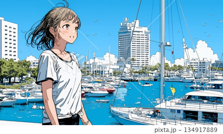 沖縄のヨットハーバーに立つ若い女性