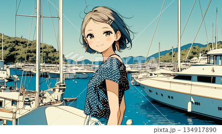 沖縄のヨットハーバーに立つ若い女性