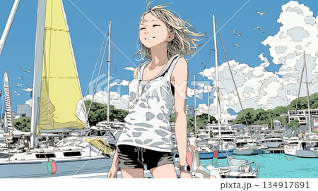 沖縄のヨットハーバーに立つ若い女性