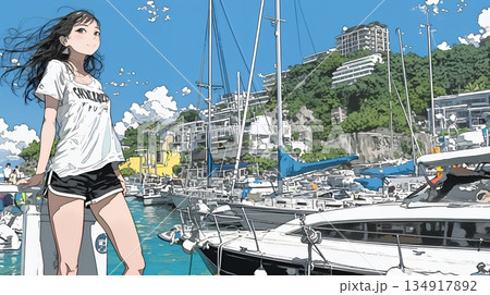 沖縄のヨットハーバーに立つ若い女性