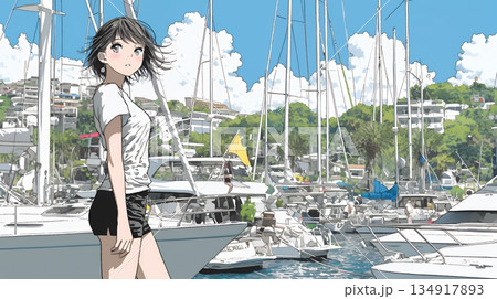 沖縄のヨットハーバーに立つ若い女性