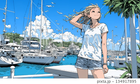 沖縄のヨットハーバーに立つ若い女性