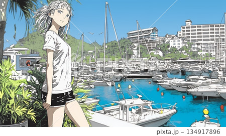 沖縄のヨットハーバーに立つ若い女性