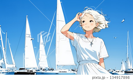 沖縄のヨットハーバーに立つ若い女性（シンプルな色使い）