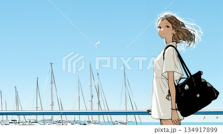 沖縄のヨットハーバーに立つ若い女性（シンプルな色使い）