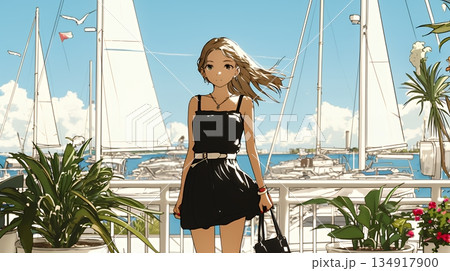 沖縄のヨットハーバーに立つ若い女性（シンプルな色使い）