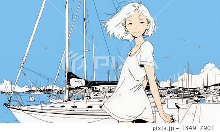 沖縄のヨットハーバーに立つ若い女性（シンプルな色使い）