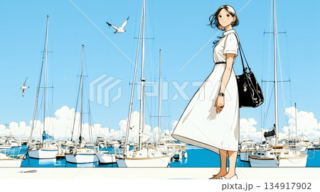 沖縄のヨットハーバーに立つ若い女性（シンプルな色使い）