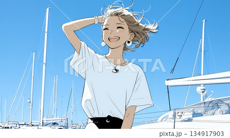 沖縄のヨットハーバーに立つ若い女性（シンプルな色使い）
