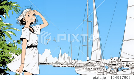 沖縄のヨットハーバーに立つ若い女性（シンプルな色使い）