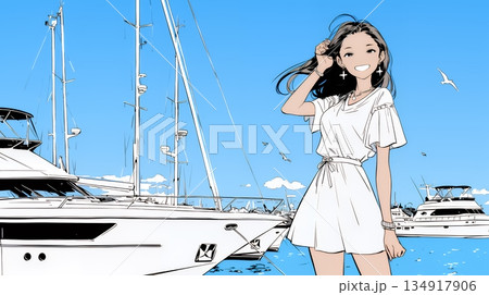 沖縄のヨットハーバーに立つ若い女性（シンプルな色使い）