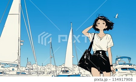沖縄のヨットハーバーに立つ若い女性（シンプルな色使い）