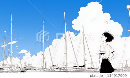 沖縄のヨットハーバーに立つ若い女性（シンプルな色使い）