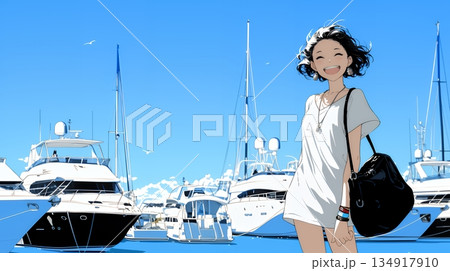 沖縄のヨットハーバーに立つ若い女性（シンプルな色使い）