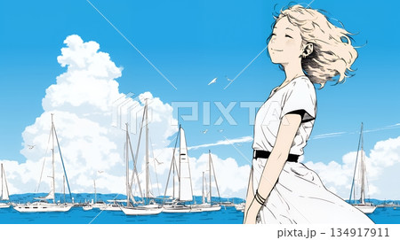 沖縄のヨットハーバーに立つ若い女性（シンプルな色使い）