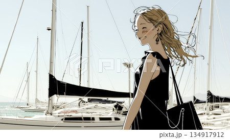沖縄のヨットハーバーに立つ若い女性（シンプルな色使い）