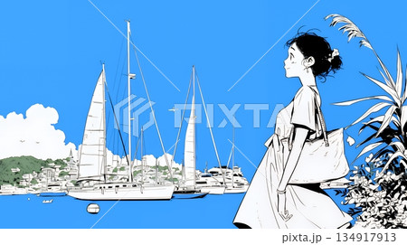 沖縄のヨットハーバーに立つ若い女性（シンプルな色使い）