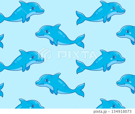 Cute cartoon dolphin. Sea pattern. Isolated background. Vector illustration Cute cartoon dolphin. Sea pattern. Isolated background. Vector illustration 134918073