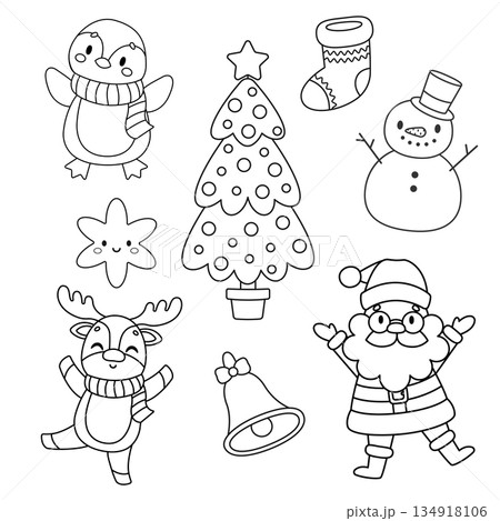 A set of outlines of cute cartoon Christmas characters. Colouring book. Isolated white background. Vector illustration 134918106