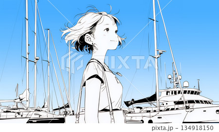 沖縄のヨットハーバーに立つ若い女性（シンプルな色使い）