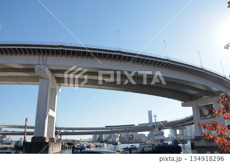 レインボーブリッジ 芝浦ループ橋で交差する新交通ゆりかもめ 134918296