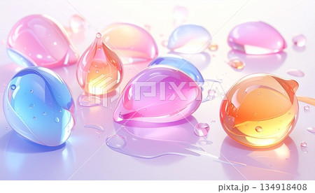 パステルカラーの水滴が輝く背景　コピースペースなし　AI生成素材 134918408