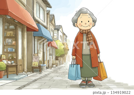 AIスマートシューズで安心して買い物に出かける高齢女性｜自立した外出支援 134919022