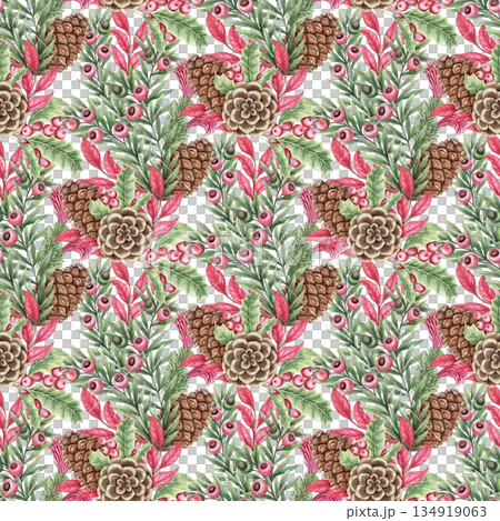 Pine cone with leaves Christmas seamless pattern. Hand drawn watercolor bouquet on white background. Floral winter mood for traditional textile and wrap paper design. Perfect for holiday wallpaper. 134919063