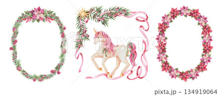 Set of Christmas wreath with poinsettia and unicorn in the square and oval shape in hand painted watercolor. Pink and green create a soft winter look. Ideal for festive frame template and card design. Set of Christmas wreath with poinsettia and unicorn in the square and oval shape in hand painted watercolor. Pink and green create a soft winter look. Ideal for festive frame template and card design. 134919064
