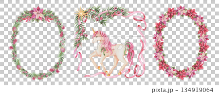 Set of Christmas wreath with poinsettia and unicorn in the square and oval shape in hand painted watercolor. Pink and green create a soft winter look. Ideal for festive frame template and card design. Set of Christmas wreath with poinsettia and unicorn in the square and oval shape in hand painted watercolor. Pink and green create a soft winter look. Ideal for festive frame template and card design. 134919064