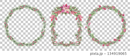 Set of tiny Christmas wreath with poinsettia and yew branches in the circle and arch shape. Pink and green hand painted watercolor add a winter mood. Ideal for festive frame template and card design. 134919065