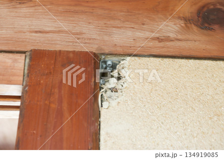 古家の上部左右に穴をあけ耐震補強金物を取付ける　アップ　 134919085