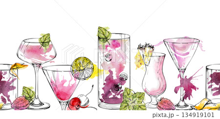 Seamless watercolor border of berry mojito, Margarita cocktail and pink daiquiri, accented with strawberry, mint leaves, lime wheels, pineapple and cherry. Hand drawn header for textile, paper trims. 134919101