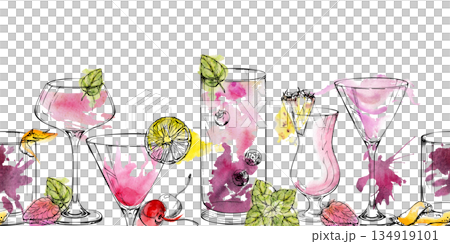 Seamless watercolor border of berry mojito, Margarita cocktail and pink daiquiri, accented with strawberry, mint leaves, lime wheels, pineapple and cherry. Hand drawn header for textile, paper trims. 134919101