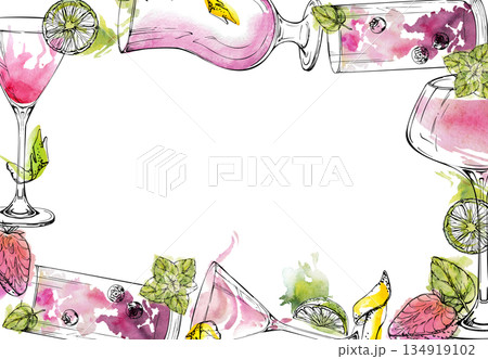 Bright pink and blush cocktails, strawberry daiquiri, berry mojito, cosmopolitan arranged in watercolor and ink frame with lemon, lime and mint accents. Hand drawn for bar art, menu, elegant branding. Bright pink and blush cocktails, strawberry daiquiri, berry mojito, cosmopolitan arranged in watercolor and ink frame with lemon, lime and mint accents. Hand drawn for bar art, menu, elegant branding. 134919102