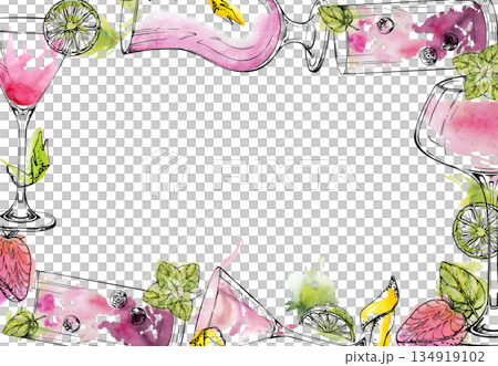 Bright pink and blush cocktails, strawberry daiquiri, berry mojito, cosmopolitan arranged in watercolor and ink frame with lemon, lime and mint accents. Hand drawn for bar art, menu, elegant branding. Bright pink and blush cocktails, strawberry daiquiri, berry mojito, cosmopolitan arranged in watercolor and ink frame with lemon, lime and mint accents. Hand drawn for bar art, menu, elegant branding. 134919102