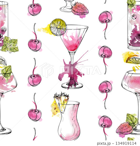 Seamless pink drinks with cherry lines. Strawberry berry creamy milkshake, lemonade juice, alcoholic beverages in watercolor splashes and ink. Hand drawn fresh, summery pattern for creative projects. Seamless pink drinks with cherry lines. Strawberry berry creamy milkshake, lemonade juice, alcoholic beverages in watercolor splashes and ink. Hand drawn fresh, summery pattern for creative projects. 134919114